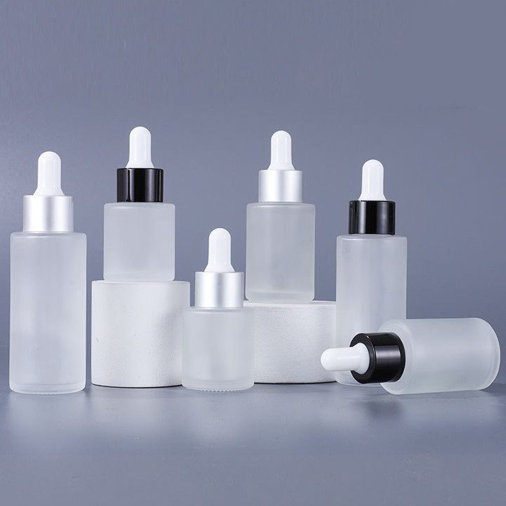 Glass Cosmetic Containers Flat Shoulder Frosted Cosmetic Serum Dropper Bottle